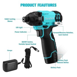 DURATECH 12V Cordless Electric Impact Driver 1/4" 0-2400RPM 885 in-lbs w/Battery