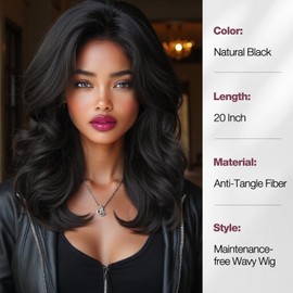 WIGER Maintenance-free Black Wavy Wigs for Women Layered Synthetic Realistic Wigs with Bangs Shoulder Length Blow Out Salon Style Heat Resistant Hair