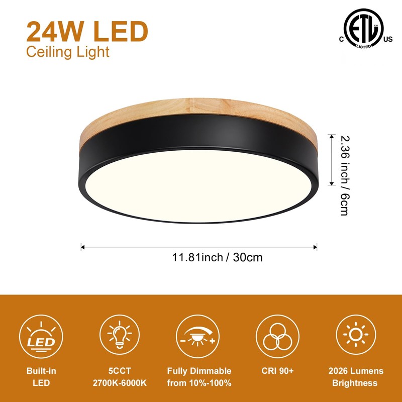 Dimmable Modern Wood Ceiling Light, Black LED 5CCT 2700K-6000K Flush