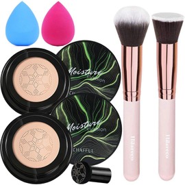 2 PCS Air Cushion CC Cream Nature Foundation ,Foundation Brush Powder Brush,Moisturizing Concealer, Bright Makeup Base Long Lasting with Mushroom Makeup Sponge (02 Natural+03 Nude)