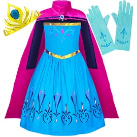 Cokos Box Girls Coronation Princess Dress Costume, Long Cape, Gloves, Tiara Crown Accessories Kids Set, Blue, Size 7 Years
