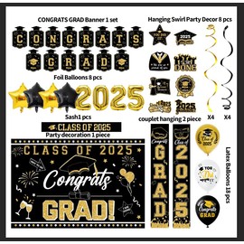 Graduation Decorations Class off 2025 Black and Gold,Graduation Party Decorations Set Include Congrats Grad Banner,Backdrop,Porch Sign,Hanging Swirl and Balloons for High School & College Celebrations