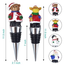 Christmas Wine Stopper Set of 4 - Silicone Bottom Cute Decor - Santa Shapes Leakproof Xmas Gift for Liquor Bottles, Bar, Kitchen, Home Accessories (Mix Decor)