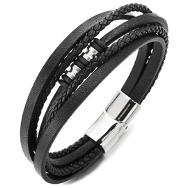 COOLSTEELANDBEYOND Mens Women Multi-Strand Black Braided Leather Bracelet Bangle with Steel Silver Bead Charms