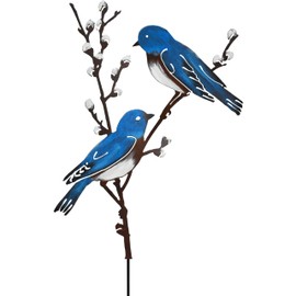 JYUECIAN Bird Garden Stake 60 cm High Metal Painted Bird Garden Decoration for Outdoors, Blue Birds on Branches Outdoor Garden Figures
