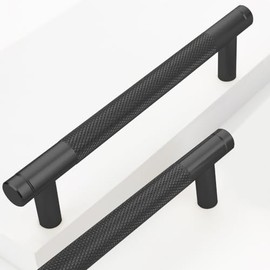 Guoharda 12 Pack 5 Inch 128 mm Black Knurled Cabinet Handles Cabinet Pulls Aluminum Handles Pulls Oxidation Finish with Diamond Pattern 6" Length (5" Hole Center)