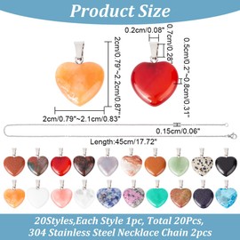 arricraft 20 Pcs 20 Colors Heart Gemstone Beads, Natural Crystal Pendants with 304 Stainless Steel Chains Synthetic Mixed Gemstone Love Heart Pendants for Jewelry Making