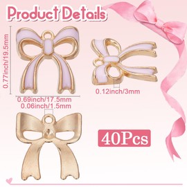 SUNNYCLUE 1 Box 40pcs Alloy Bow Charms Bow Tie Charm Flat Pink Enamel Large Metal Light Gold Kawaii Bowknot Charms Bulk For Jewellery Making Earrings Necklaces Festival Wedding Supplies Accessories