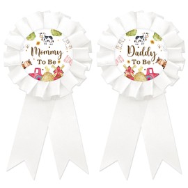 Farm Animal Mom to Be Tinplate Badge Pin, Farm Dad to Be Pin, Animal Gender Reveal Button for New Parents, White Rosette Mom to Be Award Ribbon, Barnyard Baby Shower Party Favors