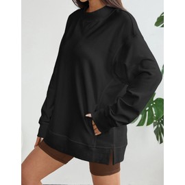 DittyandVibe Women's Long Sweatshirt High Neck Long Sleeve Oversized Pullover Side Split with Pocekt (Black, L)
