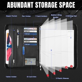 Deziliao 3-Ring Padfolio Portfolio Binder Organizer, Document Organizer Folio, 10.4 Inch PU Leather Business Portfolio with Zipper, Business Planner Notebook Organizer for Women/Men（Black）