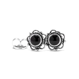 WINDALF Bohemia Siana Stud Earrings Diameter 7 mm Black Onyx Medieval Ornament Vintage 925 Sterling Silver, Silver, Onyx