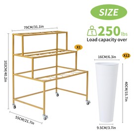 Ruifabo Flower Cart Display Stand, 3 Layers Metal Flower Bar Stand with 360° Swivel Wheels and Brake, Flower Display stand with Iron Buckets, Durable than Plastic Buckets, Flower Holder for Florist or Wedding