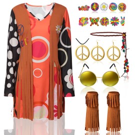 18 Pcs 60s 70s Outfits for Women Hippie Costume Set Disco Outfit Retro Groovy Dress Hippie Vest Earrings Peace Necklace (Fresh Style, Medium)