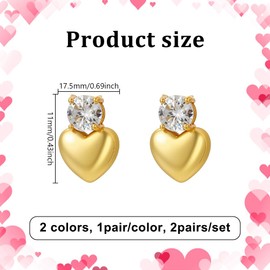 GOMAKERER 2 Pairs Heart Dangle Stud Earrings, 2 Colors 18K Gold Love Heart Earrings Micro Pave Clear Cubic Zirconia Stud for Women Party Birthday Wearing