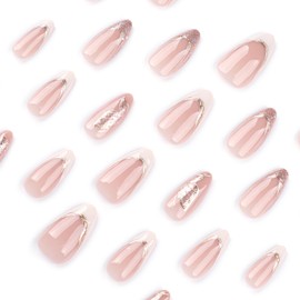 XZMeiLun 3D Gold Line French Tips Press On Nails Almond Medium, Butterfly Pattern Designer Reusable Acrylic Nails Press Ons, Fake Nails With Glue On, Daily Wear Floral False Nails For Women