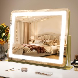 ROLOVE Gold Vanity Mirror with Lights - Smart Touch Dimming, 3-Color Lighting, 360° Rotatable Desktop Makeup Mirror for Desk, 22"x17"