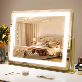 ROLOVE Gold Vanity Mirror with Lights - Smart Touch Dimming, 3-Color Lighting, 360° Rotatable Desktop Makeup Mirror for Desk, 22"x17"