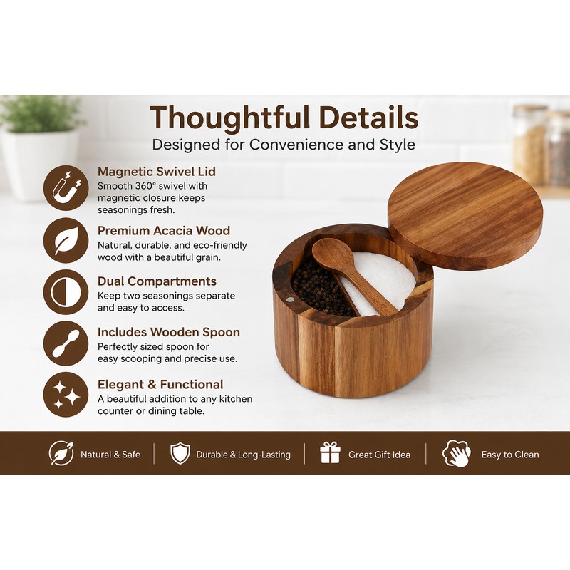 Acacia Wood Salt and Pepper Cellar with Spoon - 360°