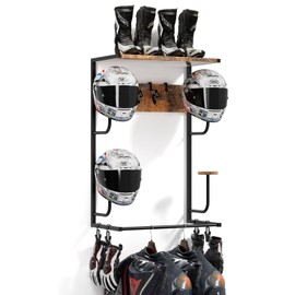 OMISRUIS Motorcycle Helmet Holder Wall Mounted, Helmet Holder Wall Mount with Helmet Rack, 4 Glove Chips and 4 hooks, Rustic Helmet Holder and Motorcycle Helmet Rack for Most of Helmet and Clothes