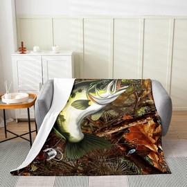 Erosebridal Bass Fish Fleece Blanket Queen 90x90 Pike Fish Fishing Hunting Rod Throw Blanket for Men Women Fisherman Fishing Lover,Retro Wooden Branches Fuzzy Blanket,Rustic Farmhouse Flannel Blanket