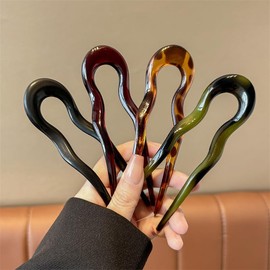 French Acrylic U Shaped Hairpins for Women Simple French Twist Hair Clips Leopard Print Elegant Hair Forks Glossy U Shaped Hairpin with Two Prongs Retro Hair Accessories for Women Girls 4pack