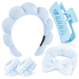 Zkptops 5Pcs Spa Headband for Washing Face Wristband Set Sponge Makeup Skincare Terry Cloth Bubble Soft Hairband Claw Clips for Thick Hair Puffy Padded Headwear Non Slip Hair Accessory (Blue)