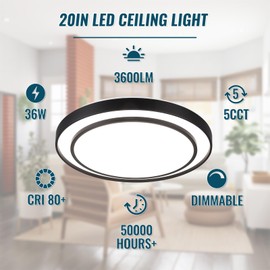 Wheatronic 20" LED Flush Mount Ceiling Light Fixture 5CCT, Black Ceiling Light Round, Dimmable Light Fixture Flush Mount 36W, Modern Simple Close to Ceiling Light Fixtures for Kitchen, Bedroom