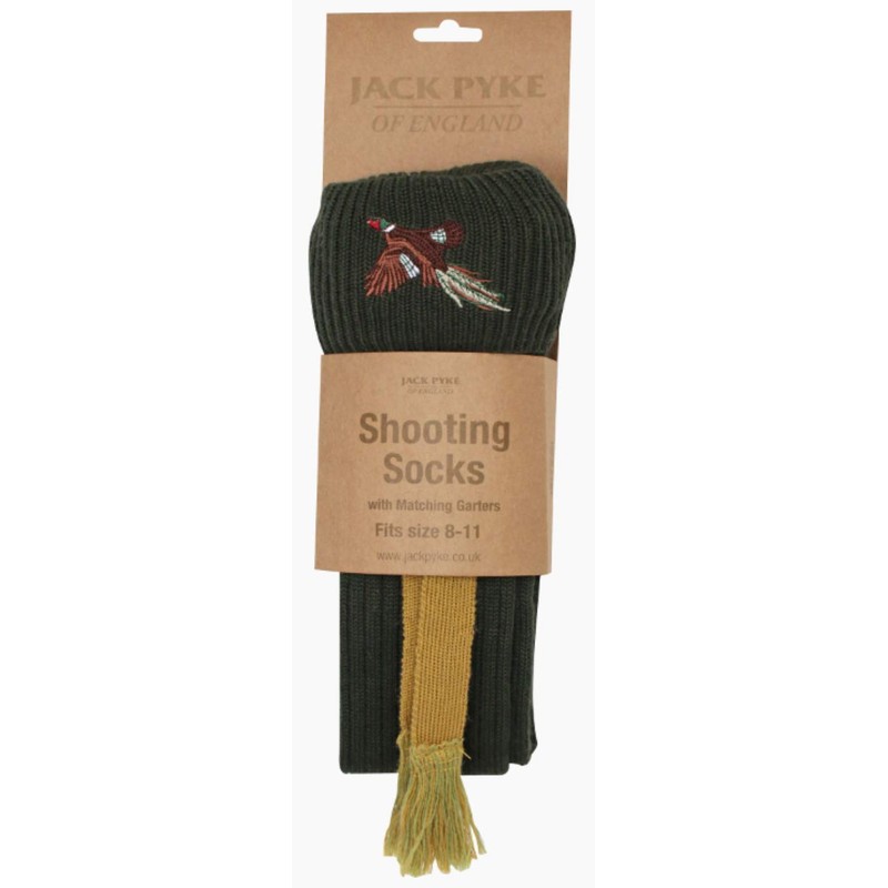 Jack Pyke Pheasant Embroidered Shooting Socks Olive Green with Garters