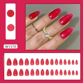 24Pcs Red Press on Nails Short Almond Fake Nails Elegant Rose Red Acrylic Nails Full Cover Glue on Nails Glossy Red Solid Color False Nails Reusable Stick on Nails for Women Girls