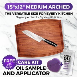 Straga Premium Mahogany Hardwood Cutting Board, 15" x 12" Arched, Sustainable Kitchen Essential, Deep Juice Groove, Dual-Function Design, Free Mineral Oil Sample and Sponge Applicator for Easy Care