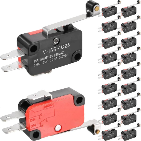 DAOKAI 20pcs SPDT Micro Limit Switch Mini Power Switch Micro Switch,V-156-1C25 125V/250V 16A Long Roll Hinged with Lever Momentary Snap Action Button Limit Switch for Electronics