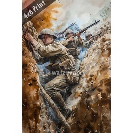 US soldiers in trench warfare watercolor Art 4x6 Print