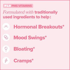 FLO PMS Relief Vitamins for Women, 60 Capsules (2-Pack) – Eases Hormonal Breakouts, Bloating, Cramps & Mood Swings with Chasteberry, B6 & Lemon Balm
