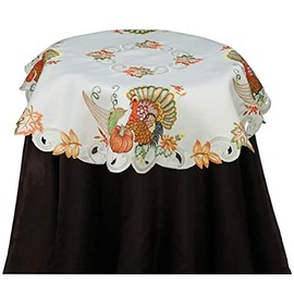 Creative Linens Fall Harvest Thanksgiving Tablecloth, Embroidered Turkey Pumpkin Maple Leaf Sunflower Ivory Holiday Decoration, 33” Round Topper