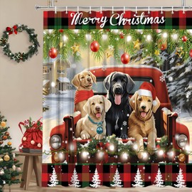 Merry Christmas Shower Curtain Cute Cartoon Dogs Red Truck Xmas Pine Branch Buffalo Plaid Snowflake Winter Snow Scene Holiday Bathroom Decor Polyester Fabric Curtains with Hook 70Wx70H Inches