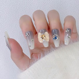 Rilafuvu Medium Press on Nails Coffin Fake Nails Heart 3D Rhinestones Nails Press ons White Ombre Glue on Nails Bow Artificial Nails Glossy Acrylic Nails Press on Nail for Women and Girls 24Pcs