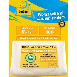 100 Vacuum Sealer Bags: Quart Size (8" x 12") by OutOfAir Works with FoodSaver & Other Machines - 33% Thicker BPA Free, Commercial Grade, 8 x 12 inches