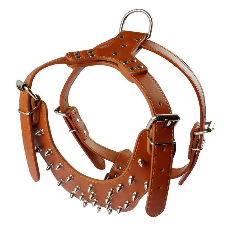 Pimaodog Leather Spiked Studded Harnesses, Collars & Leashes 3Pcs Matching