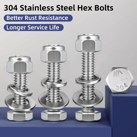 BNUOK (12 Sets) 1/4-20 x 3-1/2" Hex Head Screw Bolt,Lock Nuts,Flat & Lock Washers Kits,304 Stainless Steel 18-8,Fully Threaded