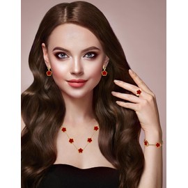 JIEMUCHU Gold Plated Stainless Steel Four Leaf Clover Bracelet Necklace Ring and Earrings Jewelry Set for Women (Dark Red-Gold Plated)