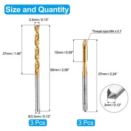 sourcing map Tap and Drill Bit Set, 3pcs M4 x 0.7 Metric Spiral Point Thread Screw Taps & 3pcs 3.3mm Twist Drill Bits, Titanium Coated HSS-6542 Tapping Threading Tool Kit
