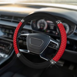 HQRNYP Bling Soft Leather Steering Wheel Cover, Steering Wheel Protector, 15 Inch Colorful Rhinestones Elastic Auto Protector, Anti-Slip Diamond Leather Car Accessories Fit Women Girls (Red)
