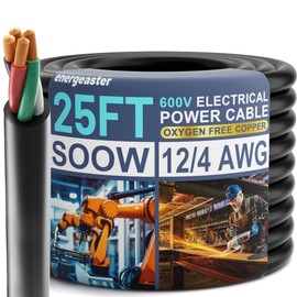 Electric 12/4 SOOW Bulk Cable-12 Gauge 4 Conductor-Rated for 600V, 20A -Water & Oil Resistant Cable for Industrial & Residential Use-Ideal for Generators,Circuits,Data Centers(25 Foot)