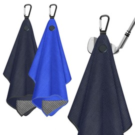 Magnetic Golf Towel for Golf Bags, 2 Pack Golf Towels with Microfiber Cleaning Cloth Block, Waffle Pattern Cloth with Clip for Men, Strength Magnet for Strong Hold to Carts or Clubs (Black Blue)
