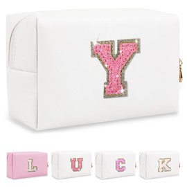 Bolsa de maquillaje con parche inicial personalizada, bolsa de chenilla con cierre, GlitterWhite/Pink-Letter, Y