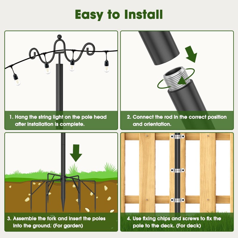 Arrinew String Light Poles 9 FT Metal Poles with Hook