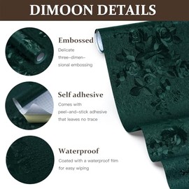 Dimoon 17.7''x78.7'' Green Peel and Stick Wallpaper Gothic Floral Wall Paper Contact Paper Closeout Renter Friendly Modern Self Adhesive Damask Cabinet Vinyl Roll(78.7''x17.7'', Green Floral Textured)