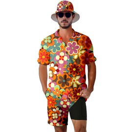 VUGOTU Men's 2 Piece Tracksuit 70s Outfit Button Down 70s Hippie Floral Shirts and Shorts Sets with Bucket Hats