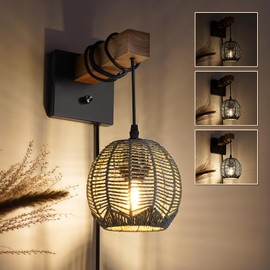 HYMELA N01 100% Dimmer Wall Sconce with Hand Woven Rattan Boho Wall Lamp Farmhouse Wall Mount Light Fixture Plug in Wall Sconces for Bedroom Living Room Kitchen